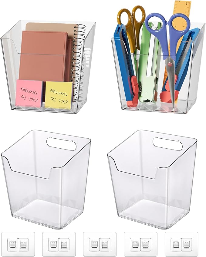 Clear Adhesive Wall Storage Bins, 4 Pack Cabinet Door Organizer Holders, Hanging Wall Mount Pockets, Plastic Cups for Shower Bathroom Makeup Office Craft Remote Kitchen Sink RV Organization (Medium)
