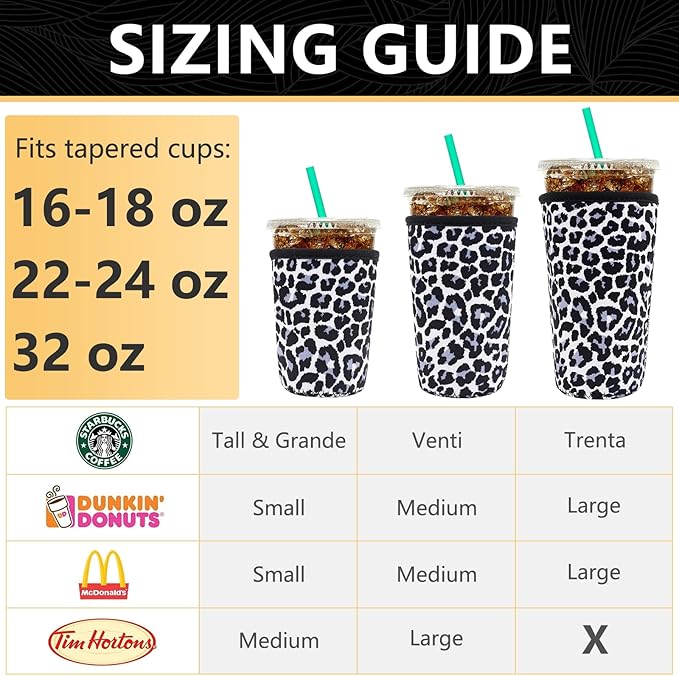 YR Reusable Neoprene Insulator Sleeve for Iced Coffee Cups, 3 Pack Coffee Coolies sleeves for Iced & Hot Drinks, Cold Beverage Cooler Compatible with Starbucks Coffee and More (Snow Leopard)