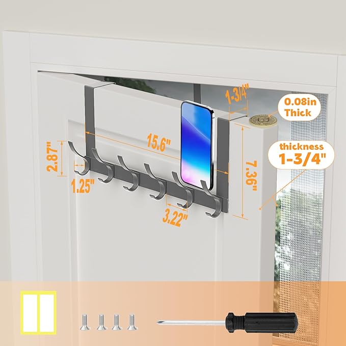 2 Pack Over The Door Hooks, Sturdy Door Hanger, Large Over The Door Towel Rack with 12 Hooks, Heavy Duty Easy to Install, for Bathroom, Bedroom，Kitchen，Hanging Towels, Coats (Grey)