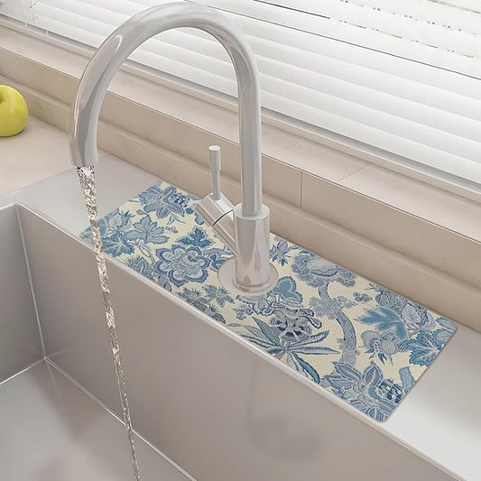 15" X 5.5" Kitchen Sink Splash Guard Faucet Mat Floral Super Absorbent Fast Drying Faucet Guard & Draining Mat Sink Splash Guard Behind Faucet for Kitchen, Bathroom