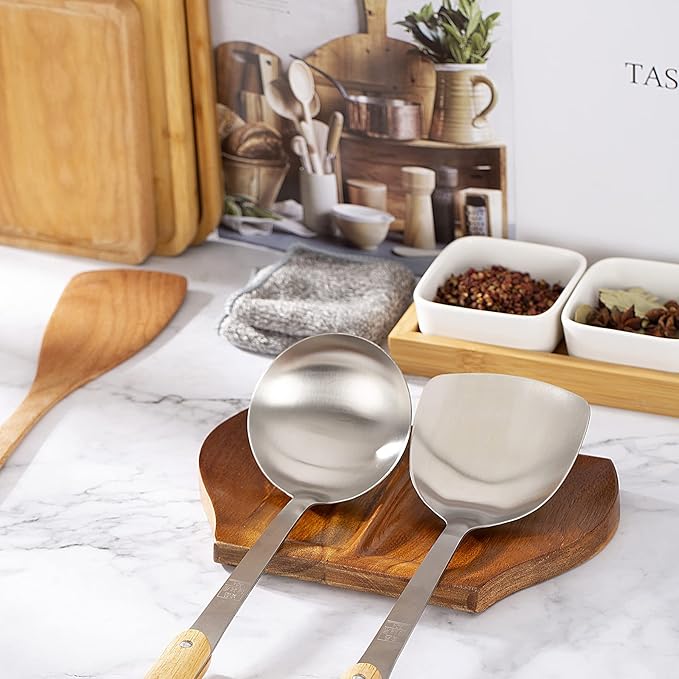 Acacia Spoon Rest, Double Spoon Rest For Stove Top,Handmade Wooden for Kitchen, Wooden Spoon Holder for Kitchen Counter, With Non Slip Silicone Feet,Perfect gift for mother's day