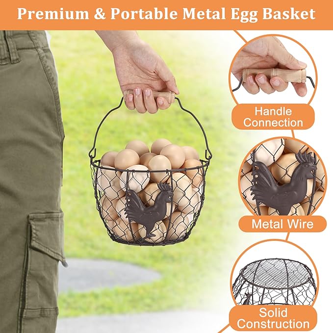 2 PCS OGANAZI Farmhouse Egg 8'' Basket for Gathering Fresh Eggs, Rustic Metal Wire Chicken Eggs Holder Basket for Countertop Kitchen, Wire Egg Basket Vintage Style, Round, Rooster Pattern