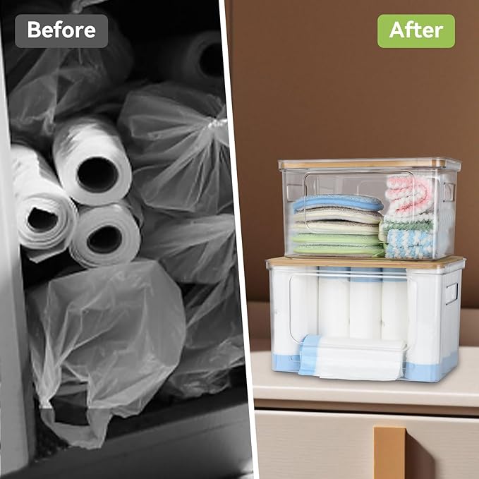 OTraki 3 Pack Trash Bag Holder Dispenser with Lid Plastic Garbage Bag Dispenser Stackable & Wall-mounted, Trash Bags Organizer Under Sink for Kitchen, Pantry Cabinet Organizer and Storage