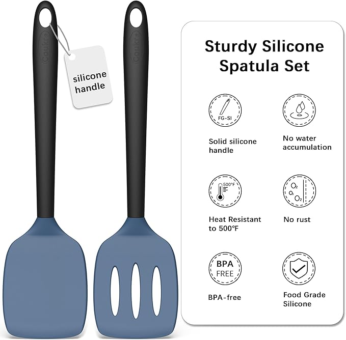 Coukre 2 Pack Silicone Spatula Set, High Heat Resistant, BPA Free Kitchen Spatula, Solid & Slotted Turner for Non-Stick Pans, Sautéing, and Flipping (2, DarkBlueBlack)
