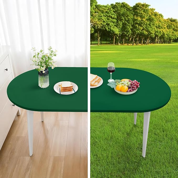 NEWISHER Fitted Oval Tablecloth 42 x 60 Inch Elastic Table Cloth, Stretch Spandex Table Cover Green Washable Polyester Top Cap Cover for Dining Picnic Camping Indoor and Outdoor