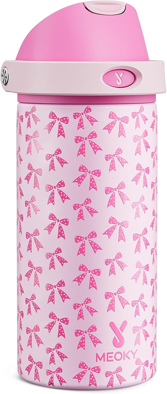 18 oz Kids Water Bottle for School: Meoky 18 oz Stainless Steel Insulated Water Bottle with 2-in-1 Straw and Spout Lid - Leak Proof, Fits in Car Cup Holder, BPA-Free for Teen Girls, Pink Bows