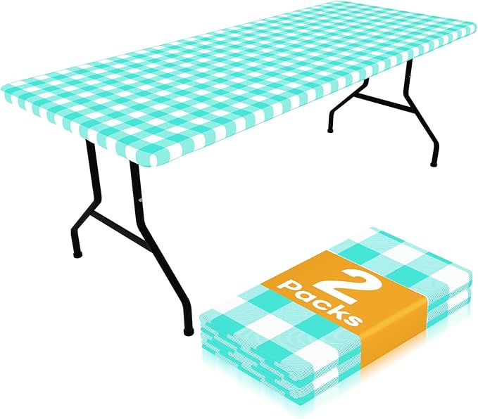 Smiry Picnic Table Cloth 2 Pack, Waterproof Elastic Fitted Tablecloths for 6FT Rectangle Tables, Washable Polyester Buffalo Plaid Tablecloth for Camping, Dining & Outdoor (Teal & White, 30" x 72")