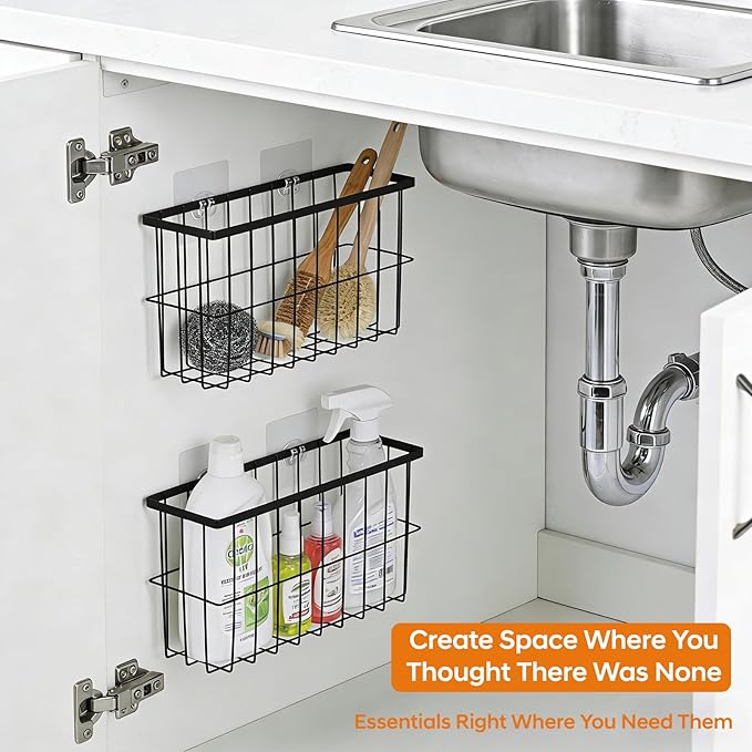 FAMNONE 2 Pack Adhesive Cabinet Door Organizer – 5.9” Deep Lid Organizer for Cabinet, No Drill Wall Mounted Storage Box for Pantry Door, Kitchen & Bathroom Space Saving Organizer