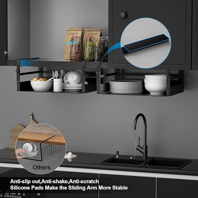 AmonHouseware 2 Pack Under Shelf Basket Organizers,Adjustable Hanging Under Cabinet Add-on Storage Racks Slide-in Baskets Organizer for Laundry Room Kitchen Pantry Desk Bookshelf, Black