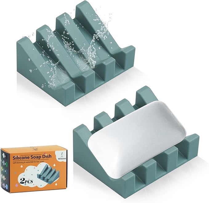 Silicone Soap Dish for Bar Soap Holder for Shower Bathroom Self Draining Waterfall Drying Tray Keep Soap Bars Dry Clean & Easy Cleaning (Green, 2)