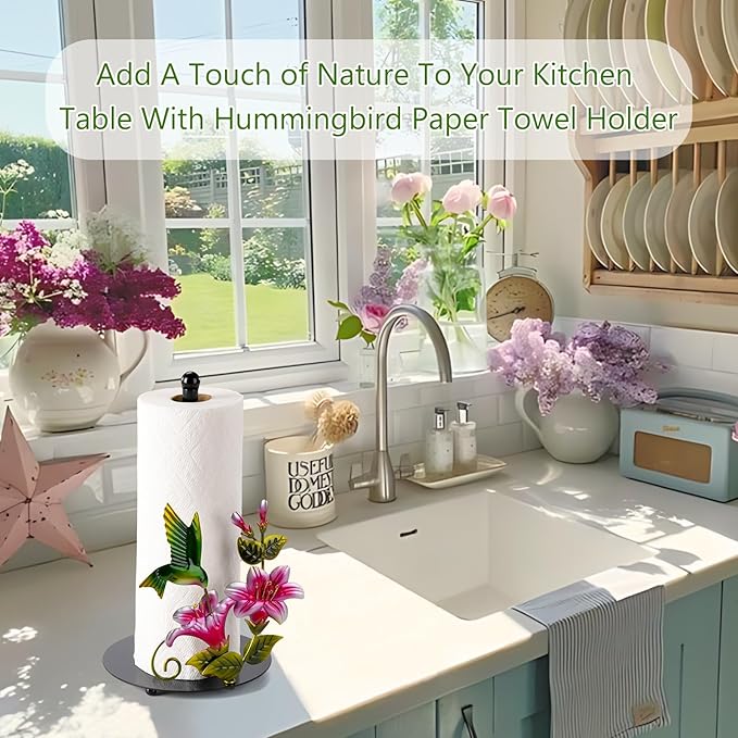 Flower & Hummingbird Decor Paper Towel Roll Holder Countertop - Farmhouse Kitchen Decor and Accessories, Hummingbird Housewarming Gifts for Women Mom Grandma, 3D Handmade Pattern, Weighted Base