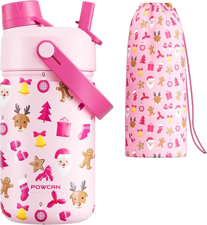 12 oz Christmas Kids Insulated Water Bottle: 2-in-1 Straw Spout Lid, Leakproof, BPA-Free, Stainless Steel Cup with Carrier Bag for School, Trip, Holiday Gift for Girls Daughters (Santa's Sweet Squad)