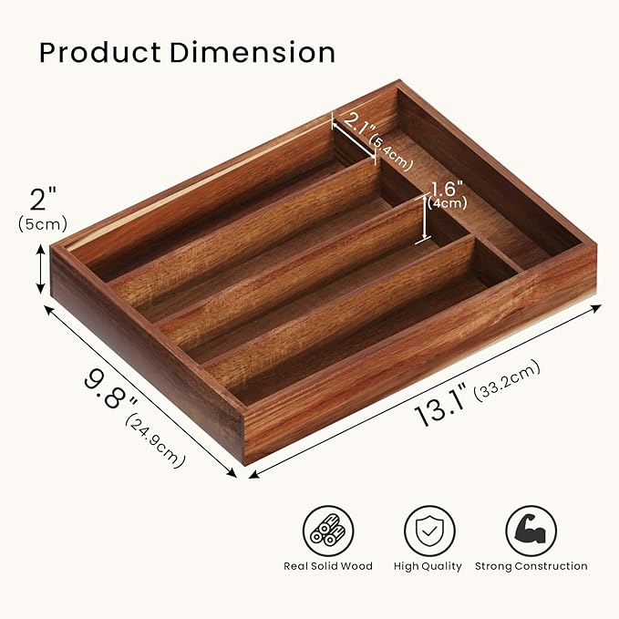 Silverware Organizer Acacia Wood Kitchen Drawer Organizer with 5 Slots Flatware Organizer Tray for Kitchen, Flatware, Utensils