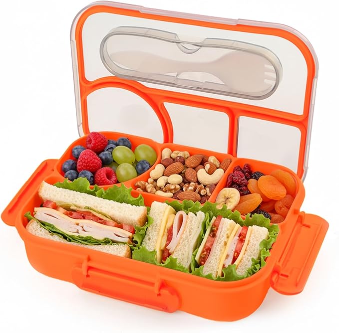 Bento Box for Adults,4 Compartments Lunch Box, Snack Containers Reusable Lunch Containers Drop-Proof, Dishwasher Safe & Made with BPA-Free Materials, Orange