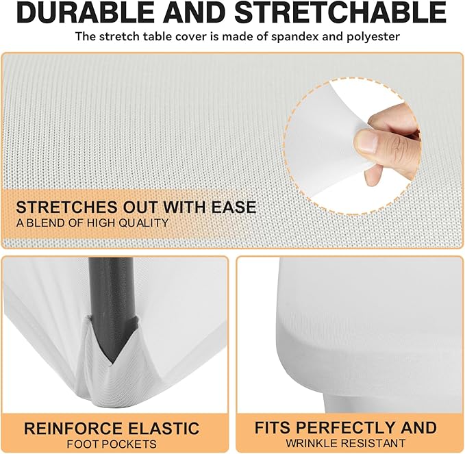 6 Pack 4 Feet White Spandex Tablecloth for Rectangular Tables, Fitted & Stretch, Washable, Wrinkle Resistant, Perfect for Event, Wedding, Party, Banquet, Cocktail, Festival, and Table Protector