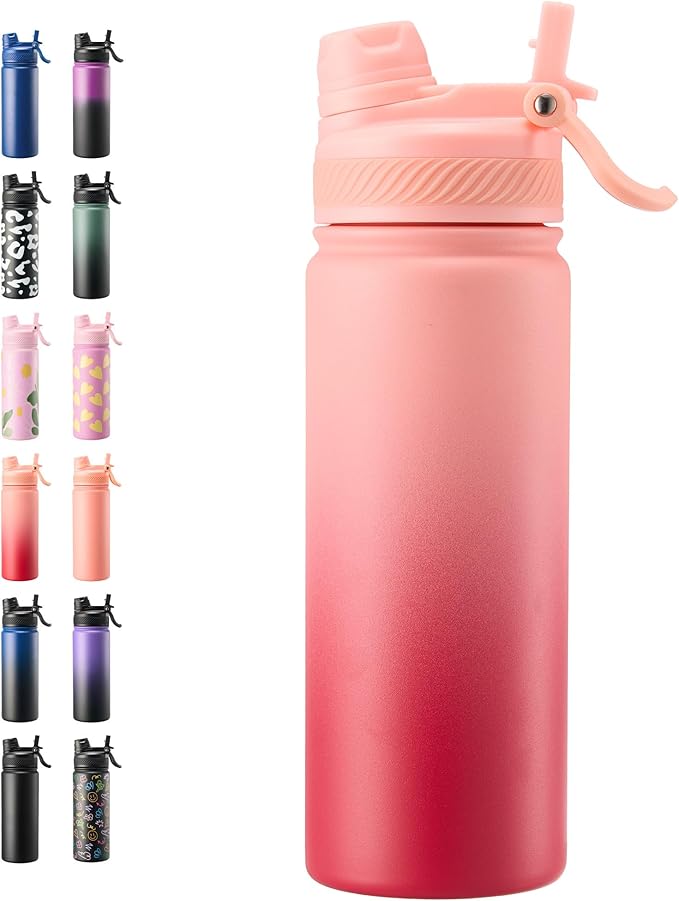 Fijinhom 18 oz Insulated Water Bottle, 2-in-1 Straw and Spout Lid Stainless Steel Thermos, Leak-Proof, Double Wall Vacuum Flask, Keep Cold 24H for Outdoor, Sports, Travel, School (Red Gradient)
