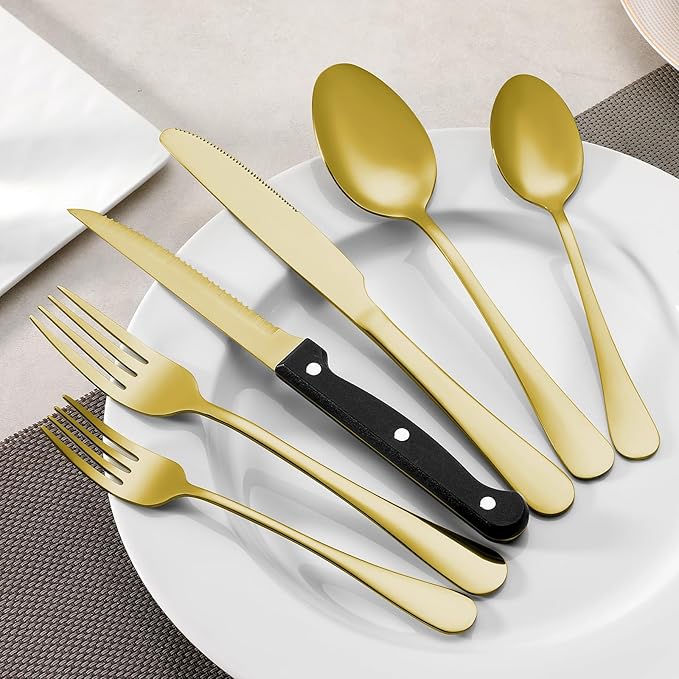 Gold Steak Knives Set of 8, Sharp Triple Rivet Steak Knife, High-Carbon Stainless Steel Serrated Blades, Ergonomic Handles Serrated Steak Knives, Dinner Knife for Kitchen Restaurant, Dishwasher Safe