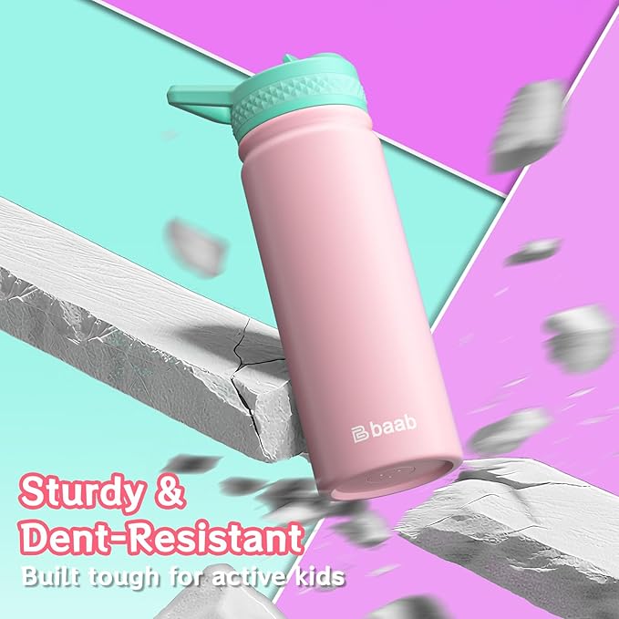baab 18oz Kids Water Bottle, Insulated Water Bottle with Straw & Stickers, 18/8 Stainless Steel Vacuum Leakproof Kids Water Straw Cup for School, Perfect for Boy Girl (Pink, 1 Pack)