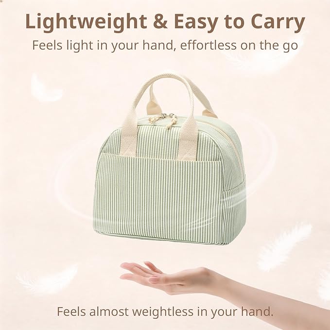 LOVELYWIND Insulated Lunch Bag for Women, Reusable Green Striped Lunch Box Cooler Bag with Large Capacity, Durable Lunch Tote for Work