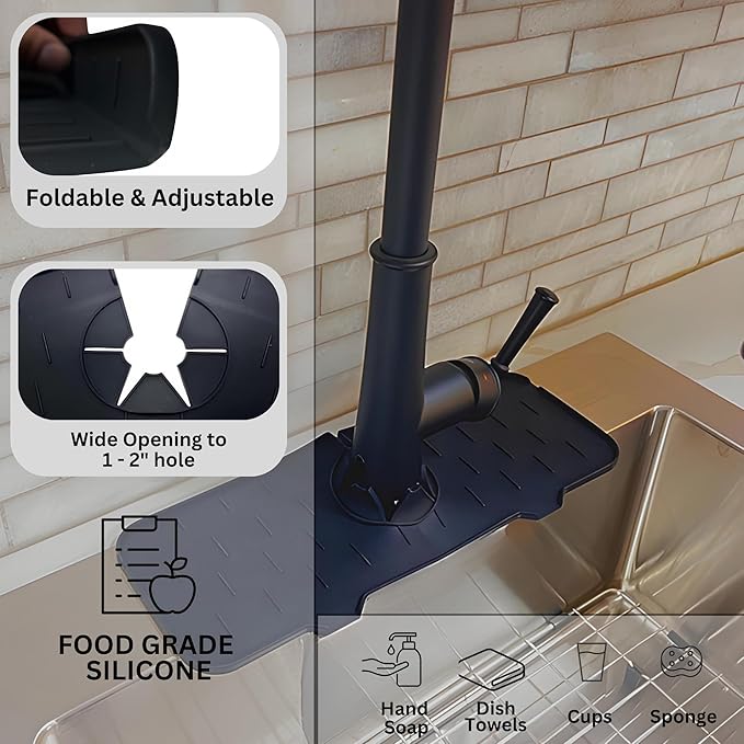 Silicone Sink Splash Guard, Drip Catcher Tray Mat | Kitchen Guard Gadgets Sink Accessories, Kitchen Sink Sponge Holder | 15" x 5.5" Drying Mat for Kitchen Counter, Faucet Accessories - Black