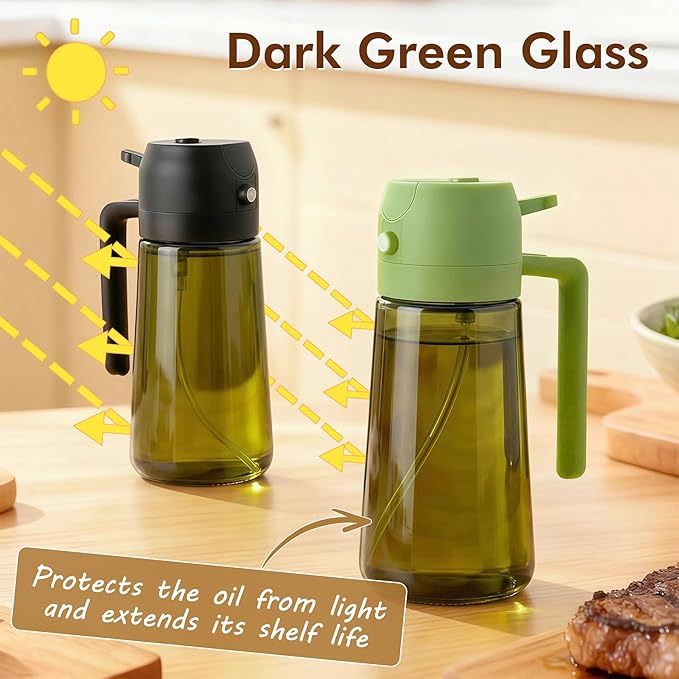 Poshetion 2 in 1 Olive Oil Sprayer for Cooking, 16oz Light-Proof Oil Dispenser for Kitchen, Leak-Proof Oil Spray Bottle for Air Fryer, Salad, BBQ, Baking, Grilling - Black & Green
