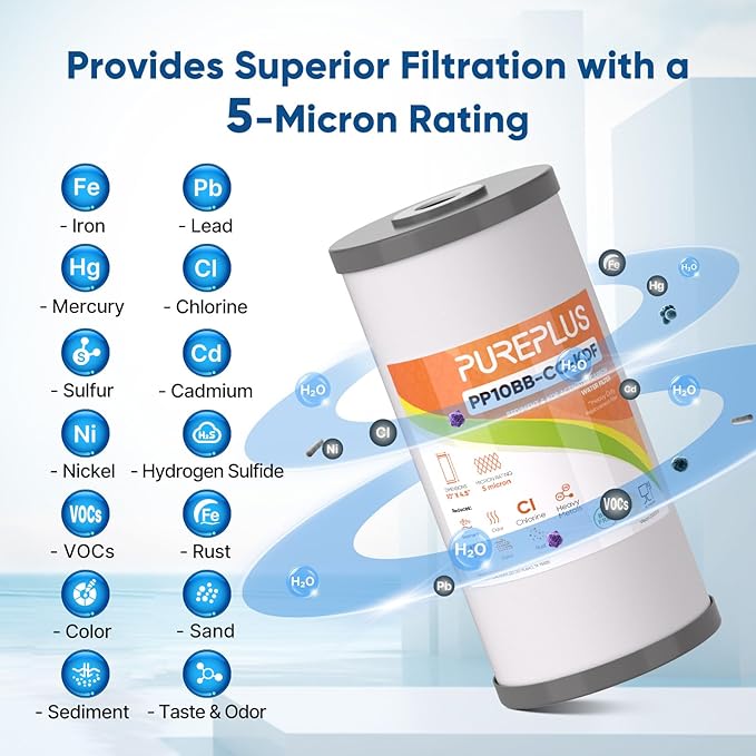 PUREPLUS 5 Micron 10" x 4.5" Whole House PP Sediment Carbon KDF Composite Heavy Metal Reduction Filter Cartridge for GE FXHTC,GXWH40L,GXWH35F,GNWH38S,Culligan RFC-BBSA,WRC25HD,Pentek RFC-BB,3Pack
