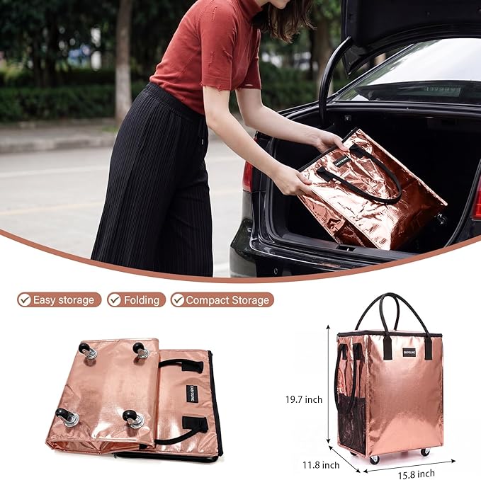 Reusable Hauler Rolling Tote Bag, Collapsible Portable Shopping Bag with Wheels for Groceries, Apartments Laundry, Organization,Heavy Duty Utility Tote Bag for Travel Moving, 75lbs, Rose Gold