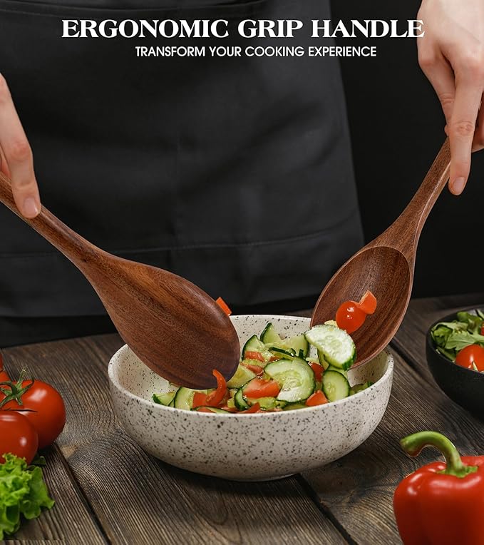 2PCS Wooden Spoons for Cooking, Natural Acacia Wood Cooking Spoons, Large Serving Spoons for Nonstick Cookware, Heat Resistant Durable Wooden Kitchen Utensils for Mixing Salad, Serving and Stirring