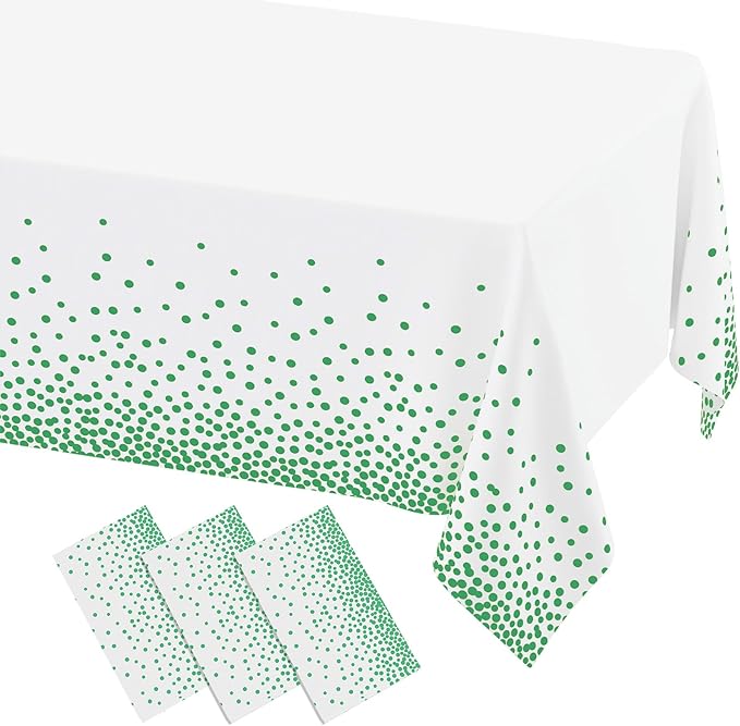 misaya 3 Packs Dot Disposable Table Cloth, 54 x 108 Inch Waterproof Plastic Tablecloth, Rectangle Green Dots in White Table Covers for Picnic, Birthday, Party