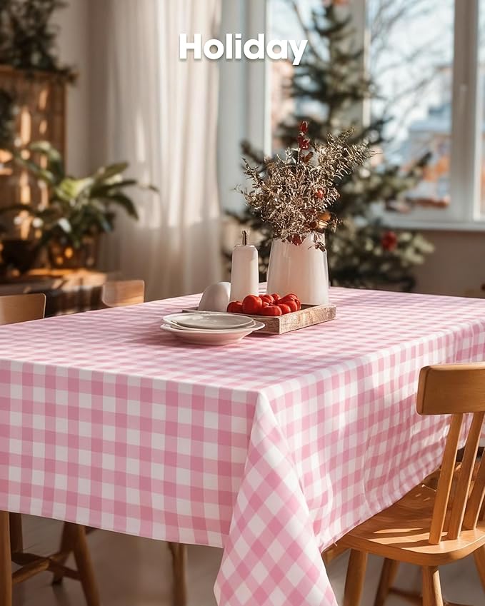 Pureegg Plastic Table Cloth Disposable 10 Pack, 54 x 108 Inch Table Cloths, Party, Picnic, Decorative Gingham Tablecloths, Rectangle, Pink and White Checkered Cover, Leakproof & Sturdy, Pink Plaid