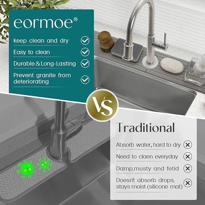 Kitchen Faucet Mat - Diatomite Splash Guard for Sink, Quick-Drying Water Absorbing Stone Tray [Grey, 23.6" x 3.9"], Includes Sandpaper