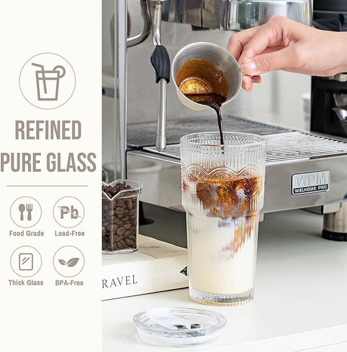 SoulTimes 20oz Ribbed & Floral Glass Tumbler Set of 4 – Reusable Glass Cups with Lid and Glass Straw, Iced Coffee Cups for Water, Smoothie, Milk, Cocktail & More – Perfect for Daily Use & Travel