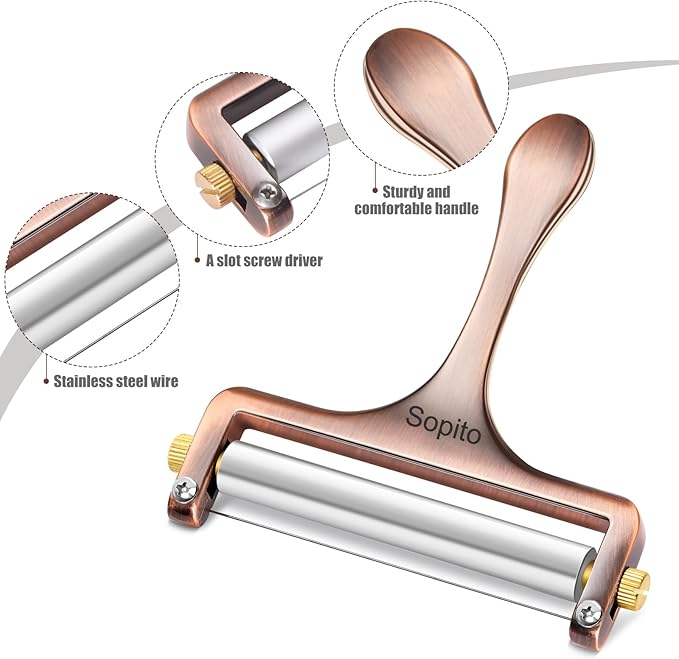 Sopito Cheese Slicer Stainless Steel With 3 Extra Wires Great for Cheddar, Gruyere, Raclette, Mozzarella Cheese Block, Adjustable Thickness, Copper