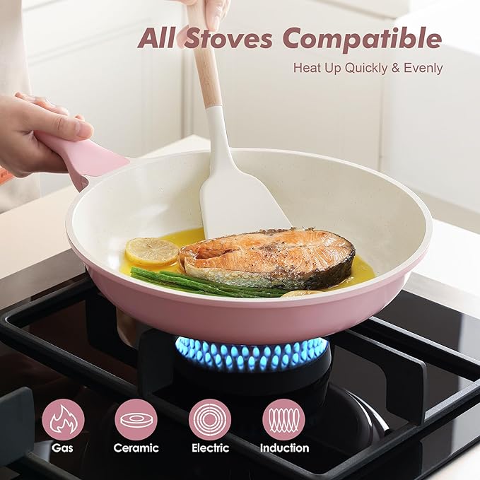 SENSARTE Nonstick Ceramic Frying Pan with Lid 11 Inch Omelet Pan Skillet, Free of Intentionally Added PFAS/PTFE Non-toxic Chef's Pan Induction Compatible Pan, Heat Resistant Handle, Sakura Pink