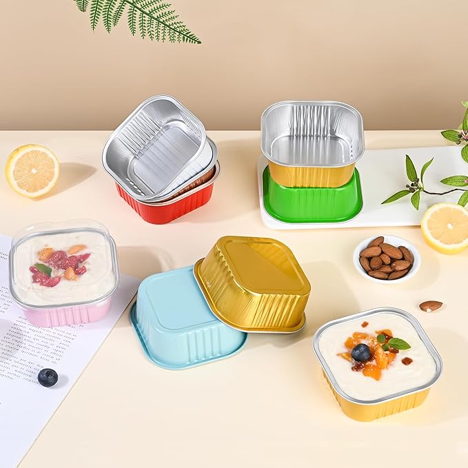 40 Pack Mini Cake Pans with Lids, 5oz Square Aluminum Foil Brownie Baking Cups, Muffin Tin Ramekins, Disposable Dessert Cupcake Cups for Wedding Birthday Party, green