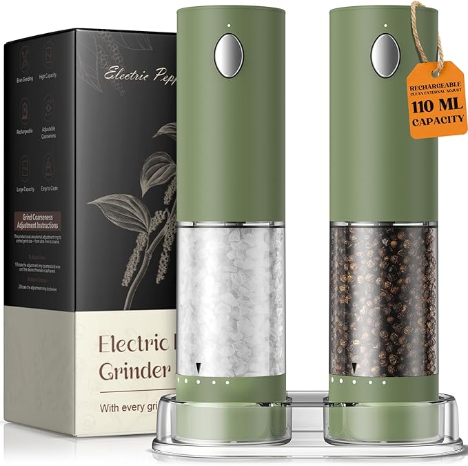 Electric Salt and Pepper Grinder Set, Rechargeable Automatic Salt and Pepper Shaker with 6 Adjustable Coarseness, Large-Capacity Pepper Mill Kitchen Appliances Gifts for Women(Green）