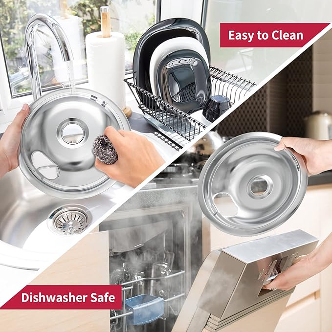 W10196405 W10196406 Stove Burner Drip Pans for Electric Stove Top-Compatible with Whirlpool Electric Range-Thickening to Prevent Bent-Set of 4 Chrome Drip Pans, Silver