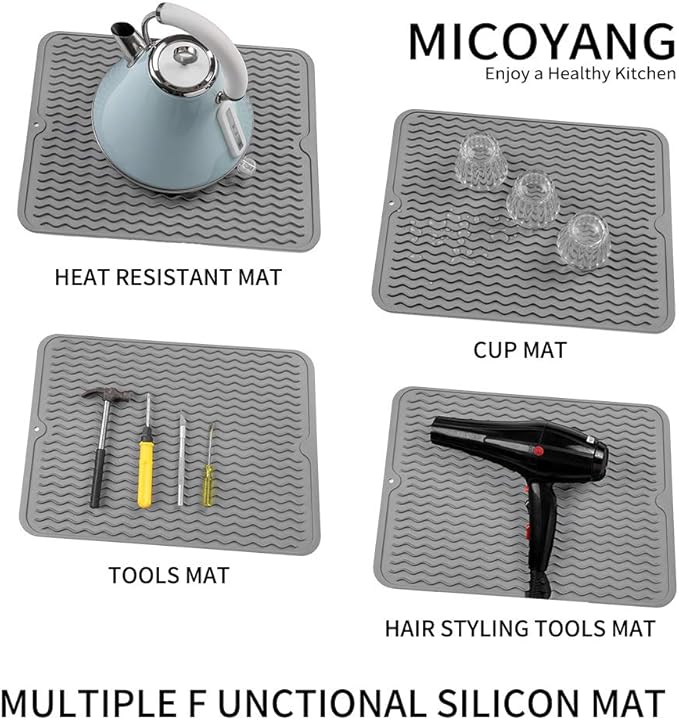 Silicone Dish Drying Mat for Kitchen Counter or Sink, Refrigerator or Drawer Liner, Easy Clean, Eco-Friendly, Heat-Resistant, Grey, 16 inches x 12 inches
