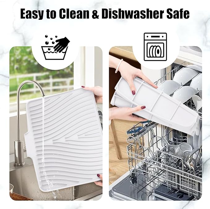 Silicone Dish Drying Mat, Stone Drying Mat for Kitchen Counter with Built-In Drain, Non-Slip Drain Pad with Built-in Drain, Heat Resistant Stone Drying Mat, Hangable, White-2pcs, 16" x 12"