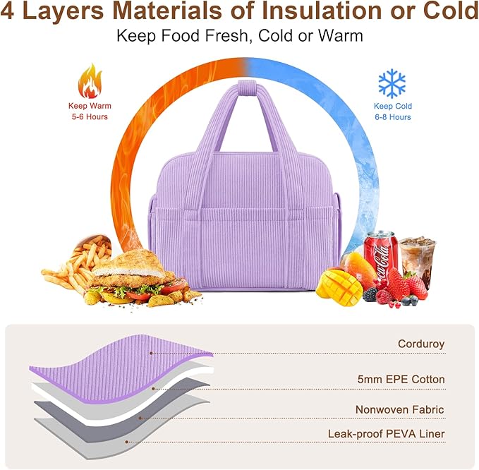 KUBYA Corduroy Lunch Box Lunch Bag for Women Men, Cute Strawberry Small Insulated Reusable Work Leakproof Simple Lunch Boxes Tote Bag Adults Cooler Bag