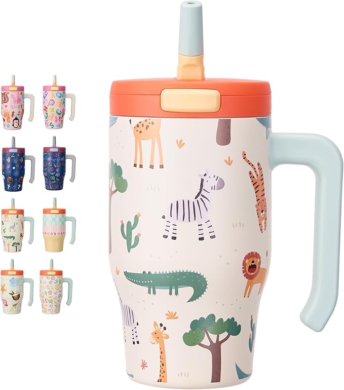 Fijinhom 18 oz Toddler Tumbler with Handle, Stainless Steel Insulated Water Bottle Coffee Mug with Straw, Toddler Cups, Kids Water Bottle for School, Sports, Travel, White Zoo