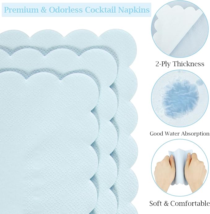 100 Pcs Cocktail Napkins, 2-Ply 5 x 5 Inches Disposable Scalloped Napkins, Thick Premium Dessert Napkins for Party, Wedding, Dinner, Birthday, Anniversary, Festival (Light Blue)