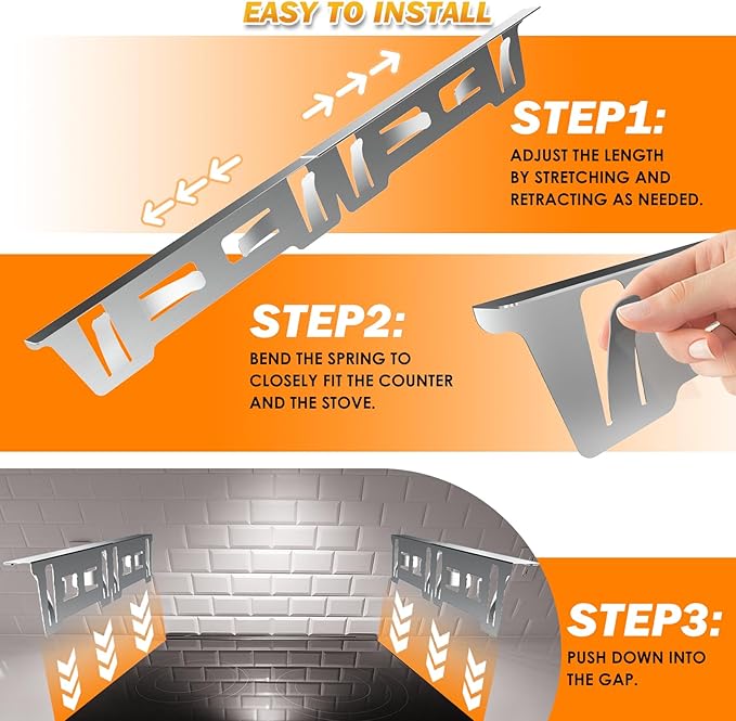 Stove Gap Covers Stainless Steel, Stove Gap Filler Between Stove and Counter, Stove Gap Guards and Range Trim Kit, Easy Retractable Length 13.8" to 27.6", Width 1", Heat-Resistant Stove Guard (2 Pack)