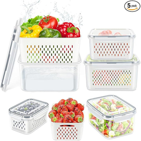 TBMAXS 5 Pack Fruit Storage Containers for Fridge Food Container with Colander Airtight BPA Free Plastic Berry Keeper Produce Vegetable Saver Bins Keep Fresh