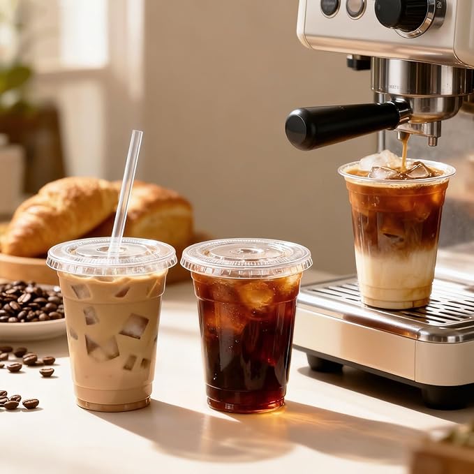 100 Pack 16 oz Plastic Cups with Lids and Straws, Clear Disposable Plastic Cups, Heavy Duty Iced Coffee Cups with Leak-Resistant Lids, Cold Drink Cups for Smoothies, Juice, Soda & Party To Go
