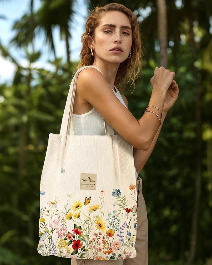 Miss Adola Corduroy Tote Bag for Women - Reusable Totes with Magnetic Buckle & Pocket Aesthetic Design Work Grocery Bags