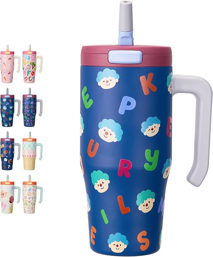 Fijinhom 25 oz Insulated Tumbler with Handle, Stainless Steel Insulated Water Bottle Coffee Mug with Straw, Coffee Cups, Cute Water Bottle for Sports, Travel, Lunch, Alphabet Bubs