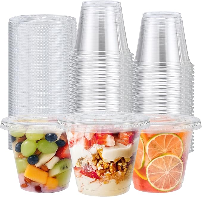 Clawsoff 50 Pack 9 oz Plastic Cups with Flat Lids, Clear Parfait Cups No Hole, Disposable Dessert Cup, Putting Cup for Cold Drink, Ice Cream, Fruit, Salad