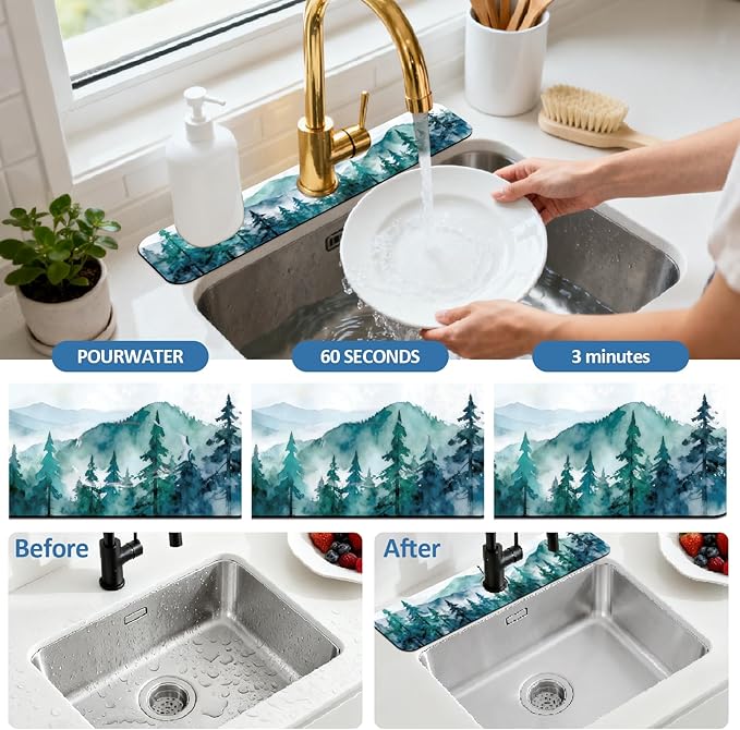 2 Pcs Kitchen Sink Splash Guard Faucet Mats Watercolor Forest Pattern Faucet Mat for Sinks Absorbing Drying Mat for Kitchen Bathroom, 23.6x5.5inch