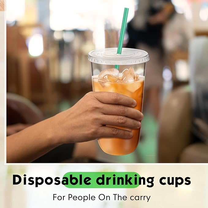 Baderke 25 Set Plastic Cups with Lids and Straws, Disposable Plastic Iced Coffee Cup for Cold Beverage Juice Smoothie Crystal for Coffee Shops Party Catering(Clear,20 oz)